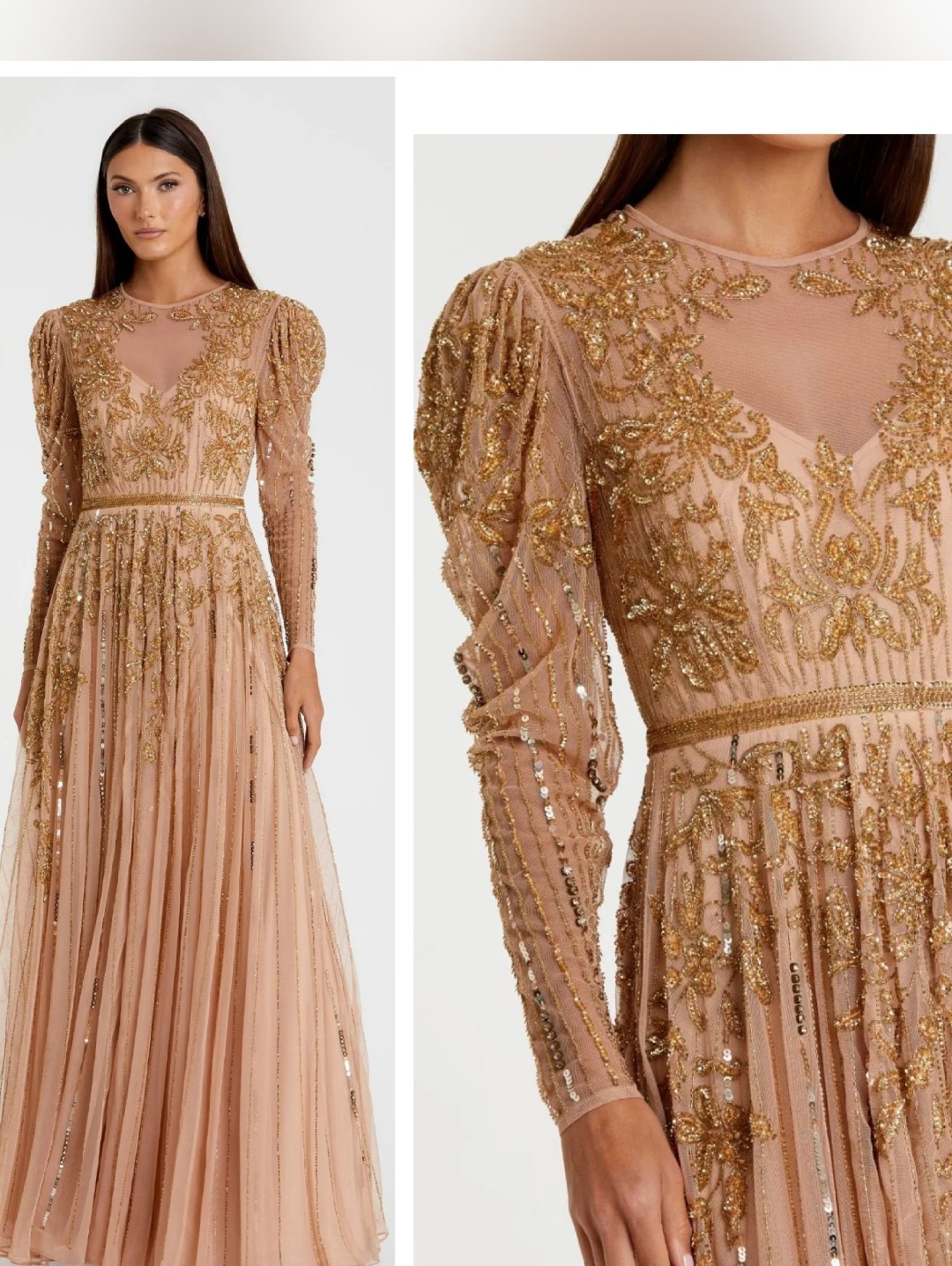Mac Duggal 93638 Beaded Formal Long Sleeve Evening Gown Nude Gold Dress 20